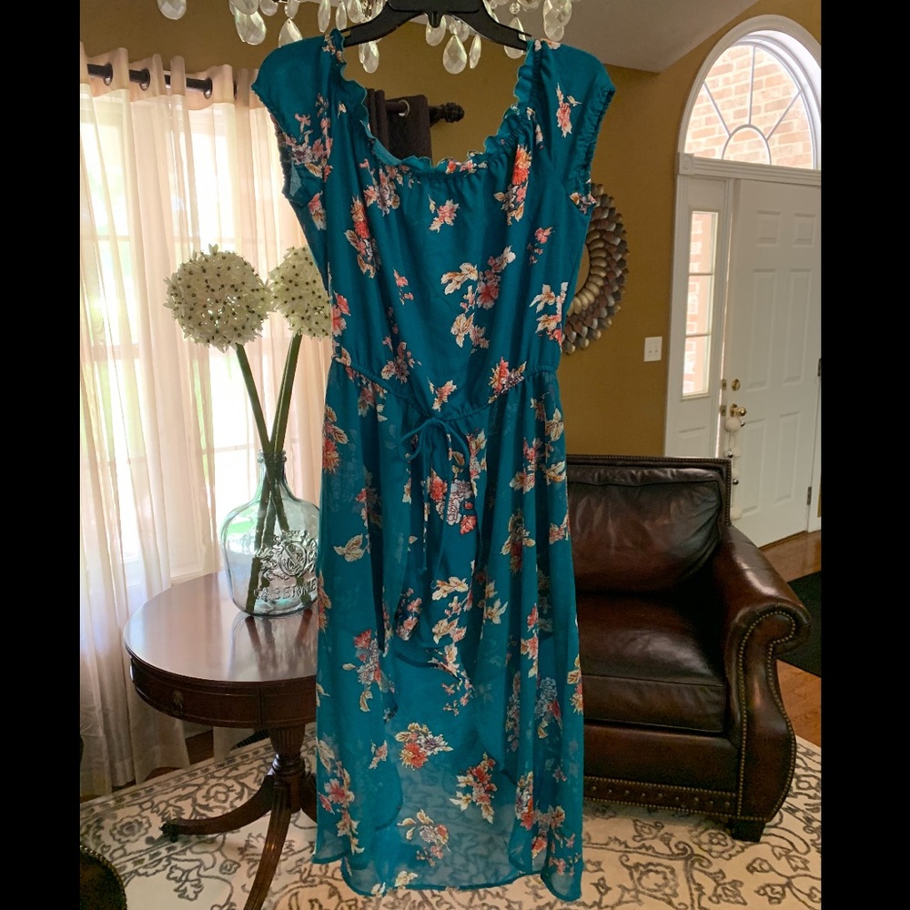 COPY - Blue and floral off the shoulder romper w/ overlay